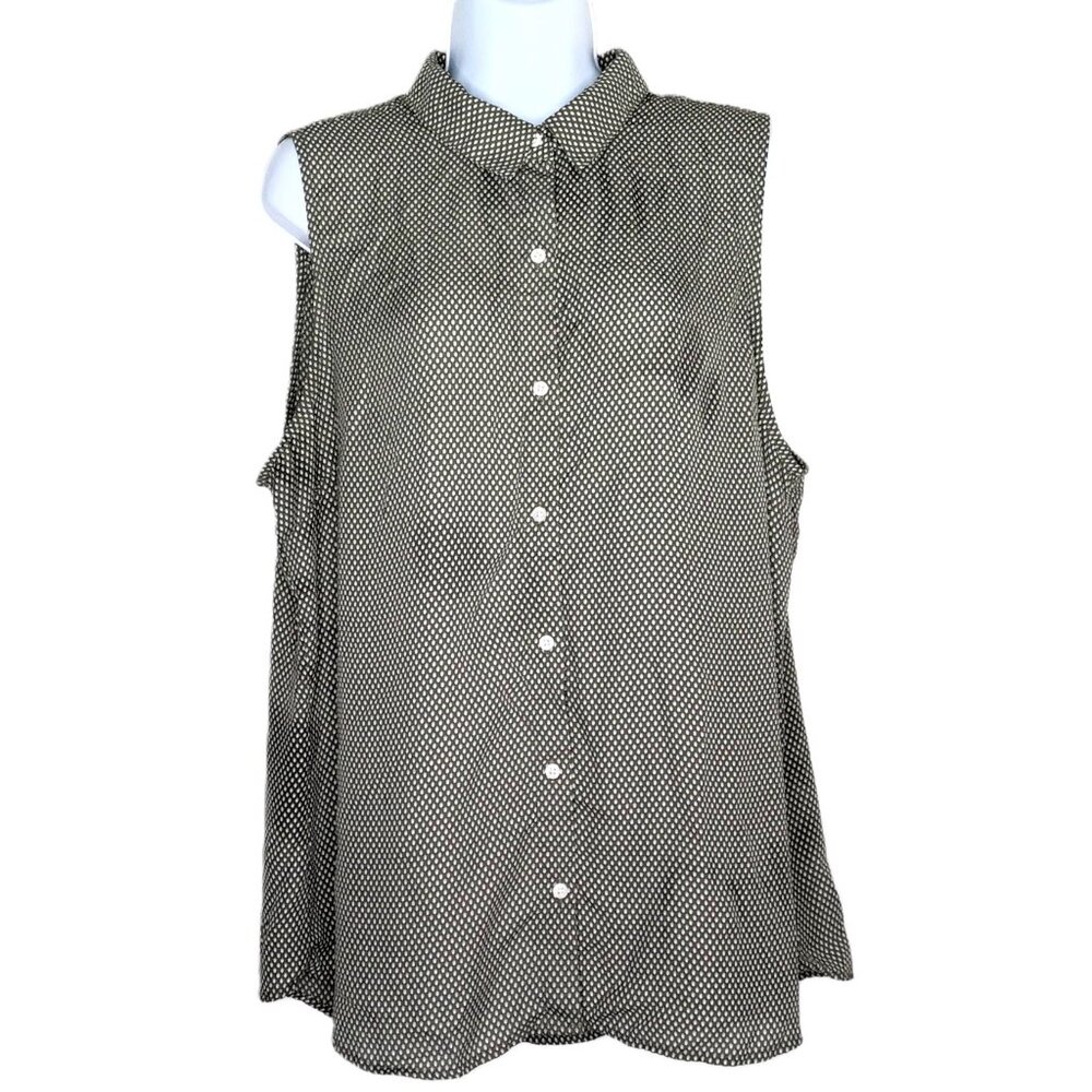 Banana Republic Sleeveless Top Flowy Button Down Blouse Olive & White Dot Sz XL